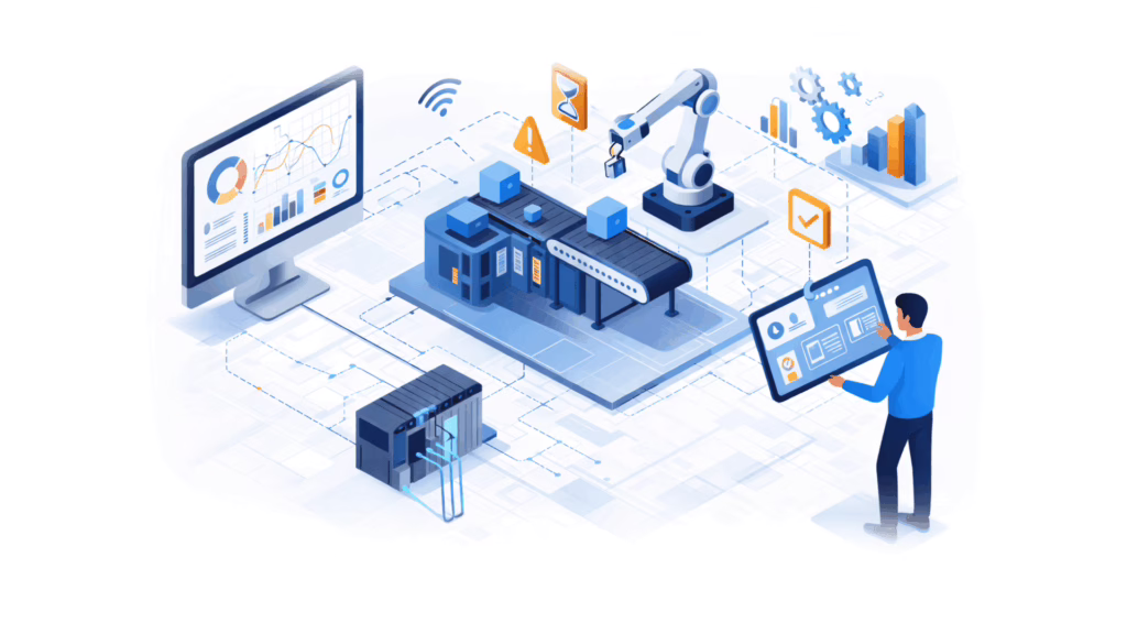 Advanced process analysis in manufacturing with virtual commissioning, robotic production line, real-time monitoring dashboard and data-driven optimization.